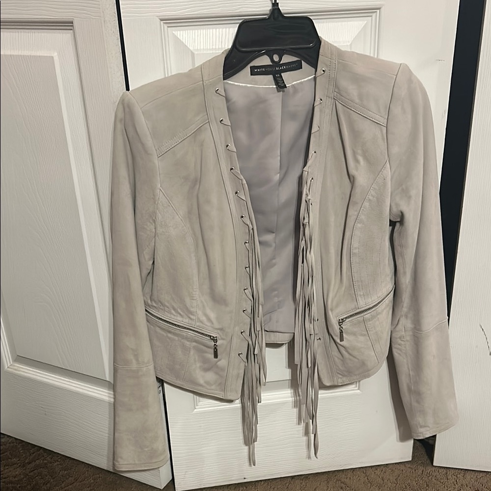 White House Black Market Light Gray Leather Jacket with Fringe